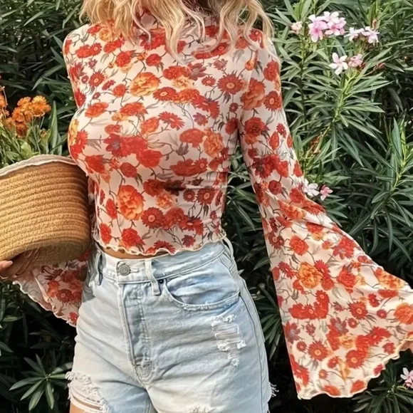 930. The Mod 70s Bell Flare Floral Sheer - Picture 1 of 1